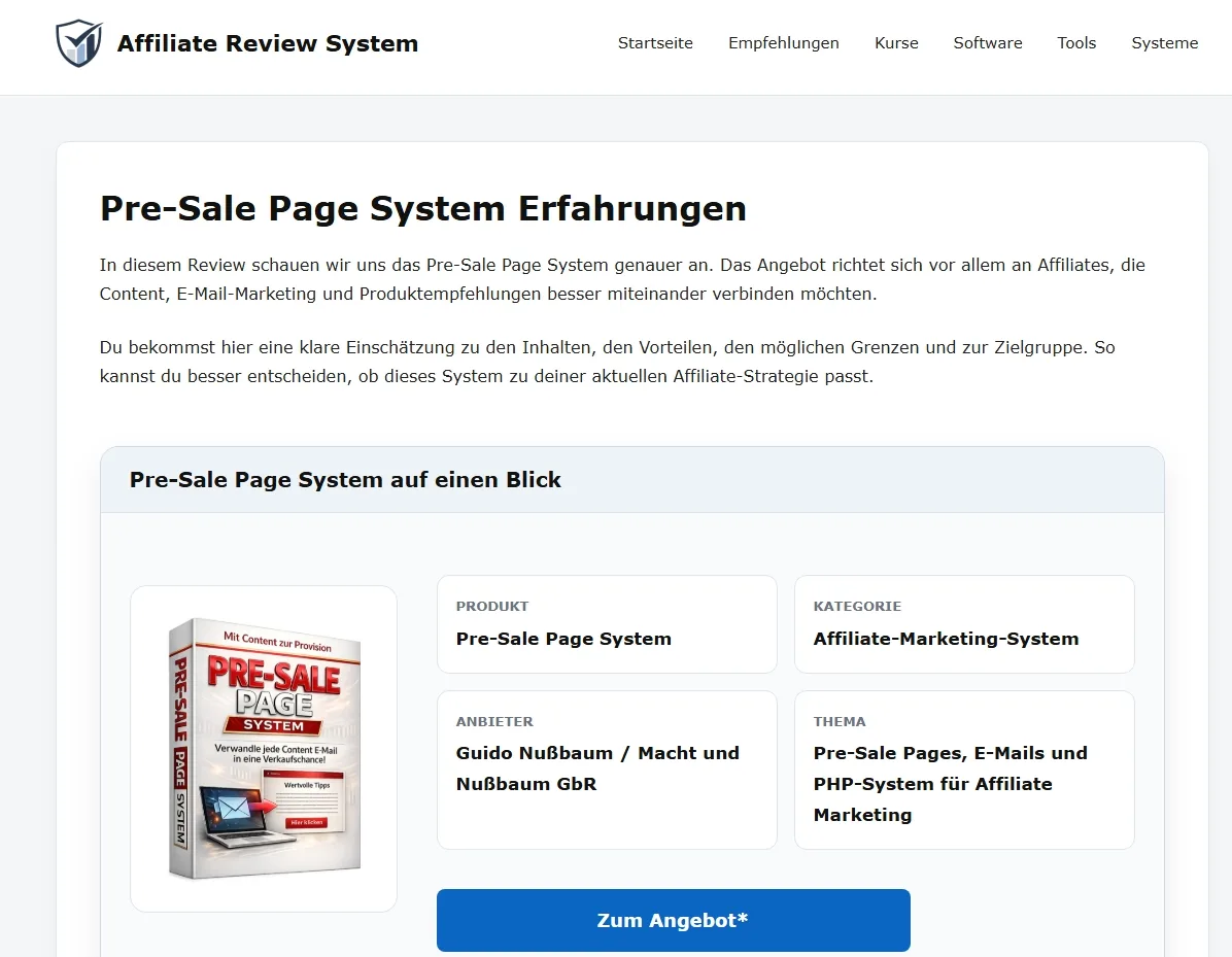 Affiliate Review System Navigationsleiste und Einleitung zur Pre-Sale Page System Erfahrung mit Überblick-Box