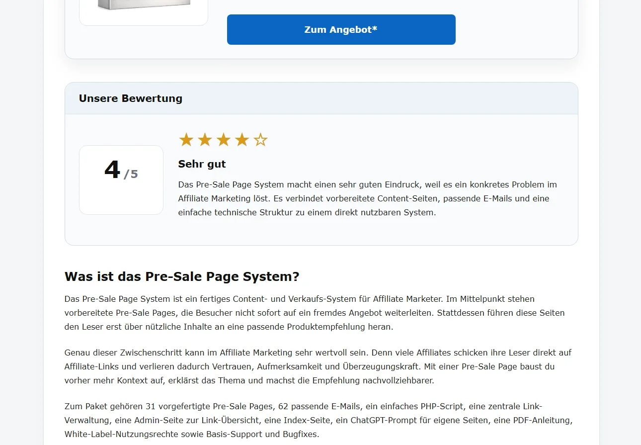 Bewertungsbox mit 4 von 5 Sternen und Bewertungstext zur Pre-Sale Page System sowie Einleitung zum Produktbeschreibung