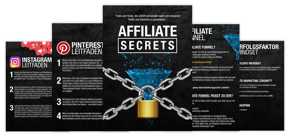 Einblick in das Affiliate Secrets E-Book mit Inhaltsseiten zu Pinterest-Leitfaden, Instagram-Leitfaden und Affiliate Funnel