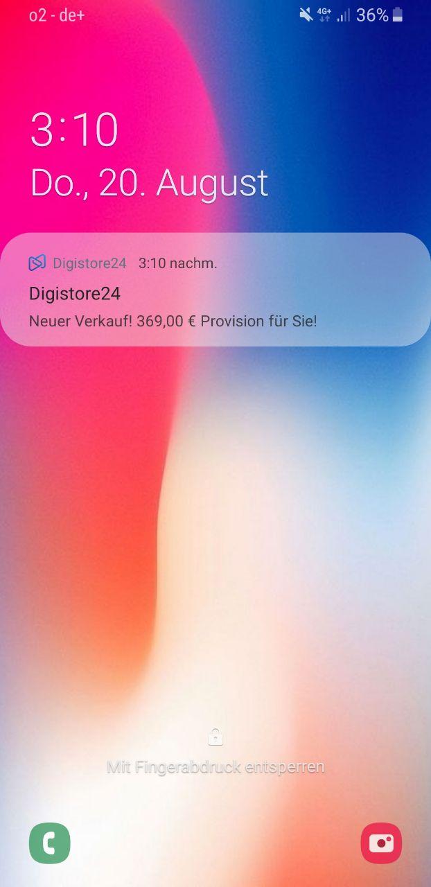 Mobile Benachrichtigung von Digistore24 mit 369,00 Euro Provision Update