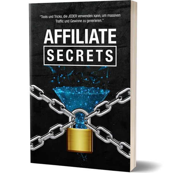 Affiliate Secrets E-Book Cover mit Kettenschloss und blauem Datenschutz-Symbol auf schwarzem Hintergrund