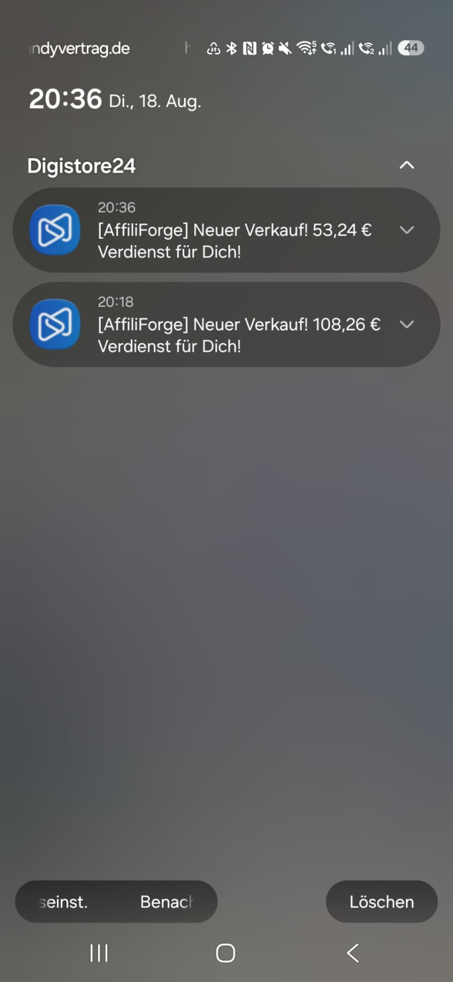 Push-Benachrichtigungen von AffiliForge mit zwei Verkäufen über 53,24 und 108,26 Euro