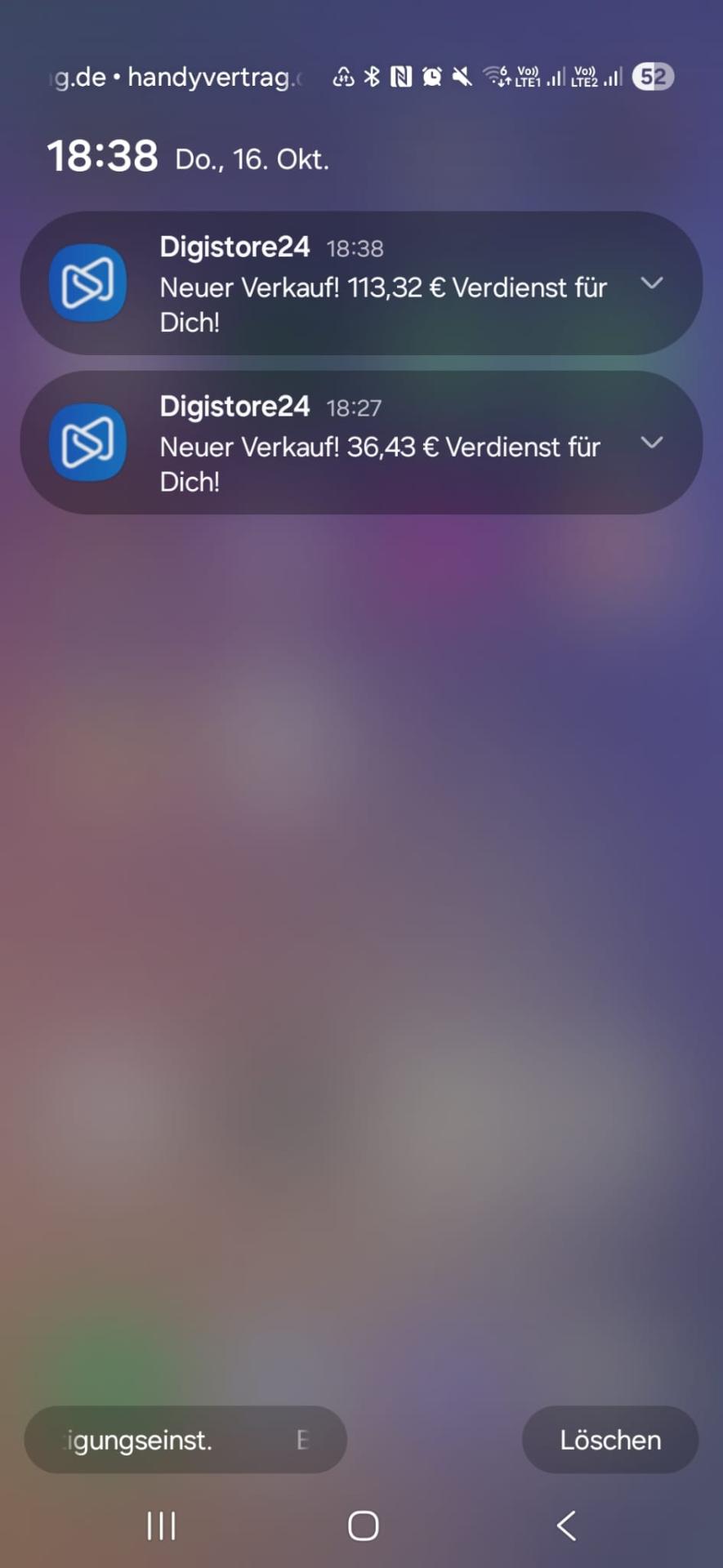 Digistore24 Verkaufsbenachrichtigungen mit zwei Verkäufen über 113,32 und 36,43 Euro