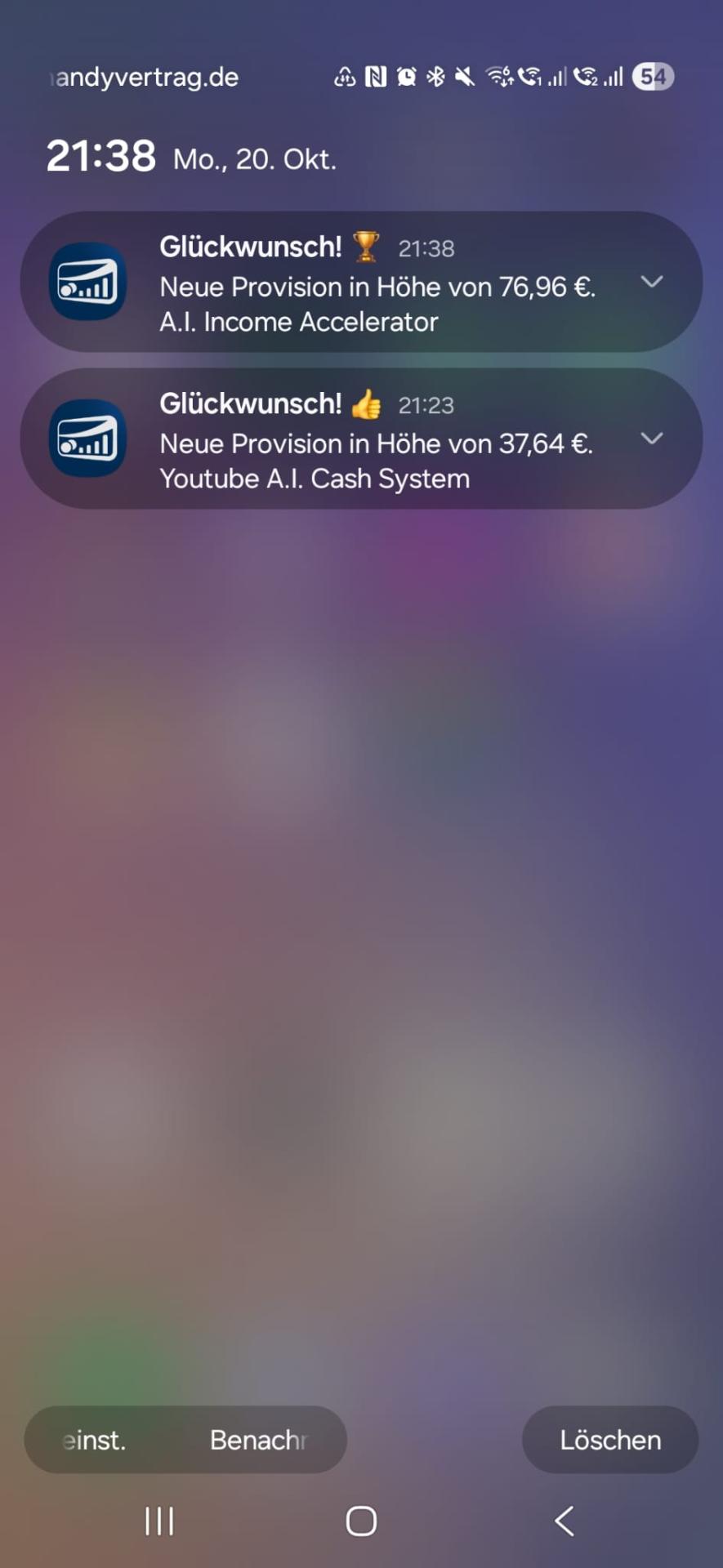 CopeCart Provisionsbenachrichtigungen mit zwei Einnahmen über 76,96 und 37,64 Euro