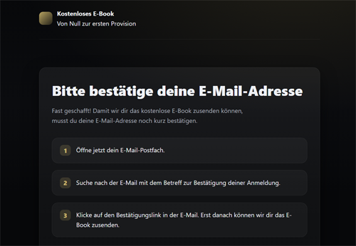 Bestätigungsseite mit Anleitung zur E-Mail-Adressbestätigung in drei Schritten