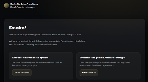 Danke-Seite mit Bestätigungsmitteilung und Bonus-Tipps zu Affiliate Marketing