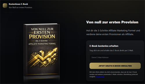 Landingpage mit Affiliate Starter System E-Book, Überschrift Von null zur ersten Provision