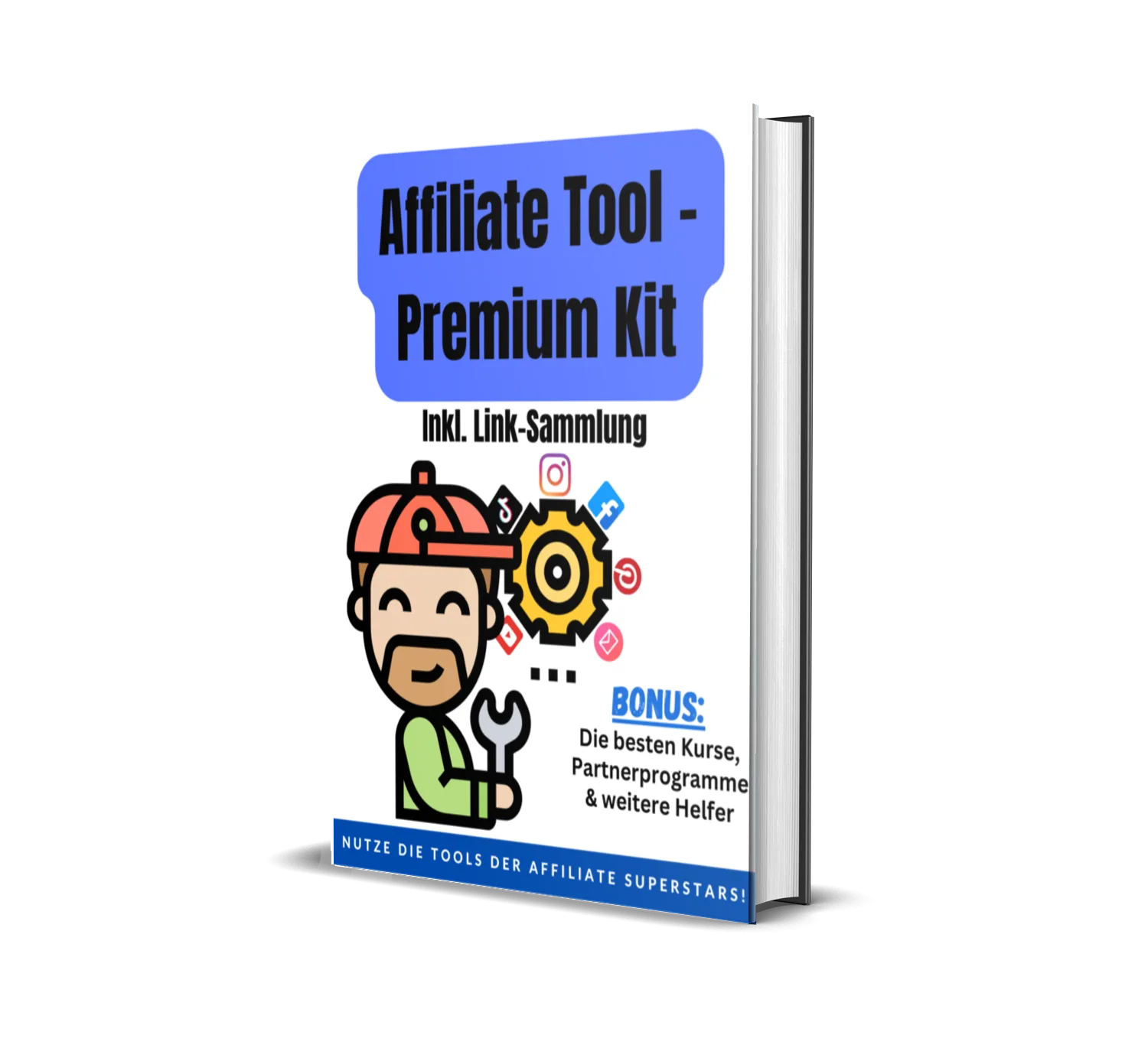 3D-Buchcover Affiliate Tool Premium Kit mit Mechanikar-Illustration, aufgeschlagen