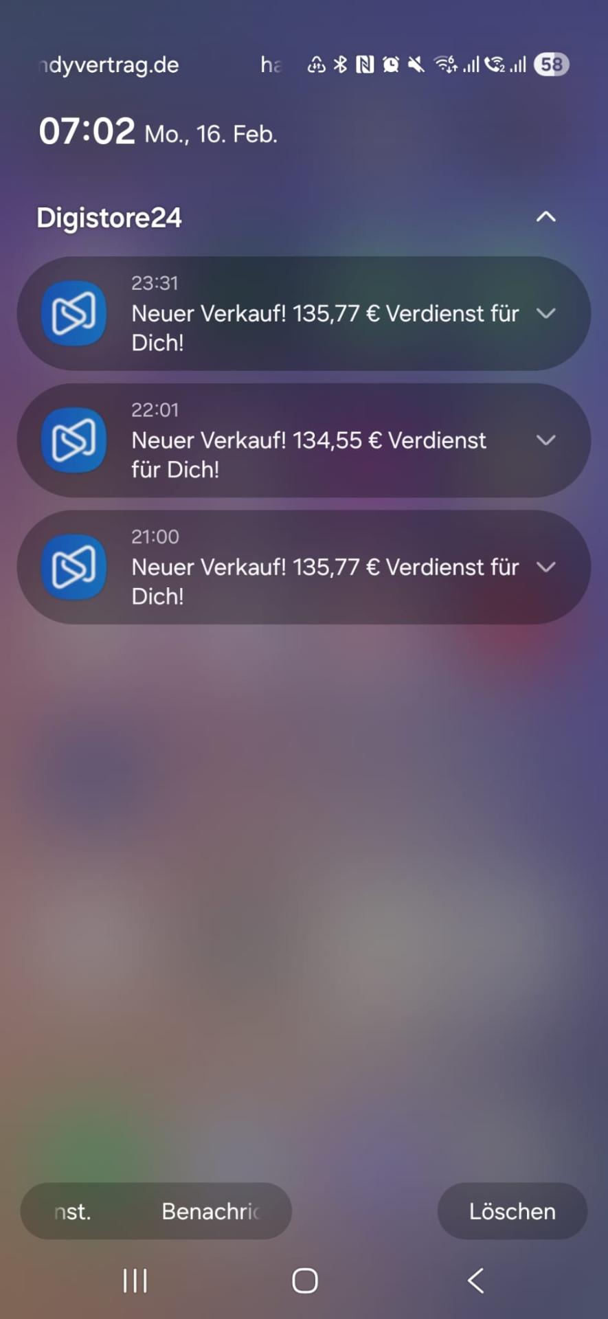 Screenshot von drei Digistore24-Benachrichtigungen mit Verkäufen von 135,77, 134,55 und 135,77 Euro
