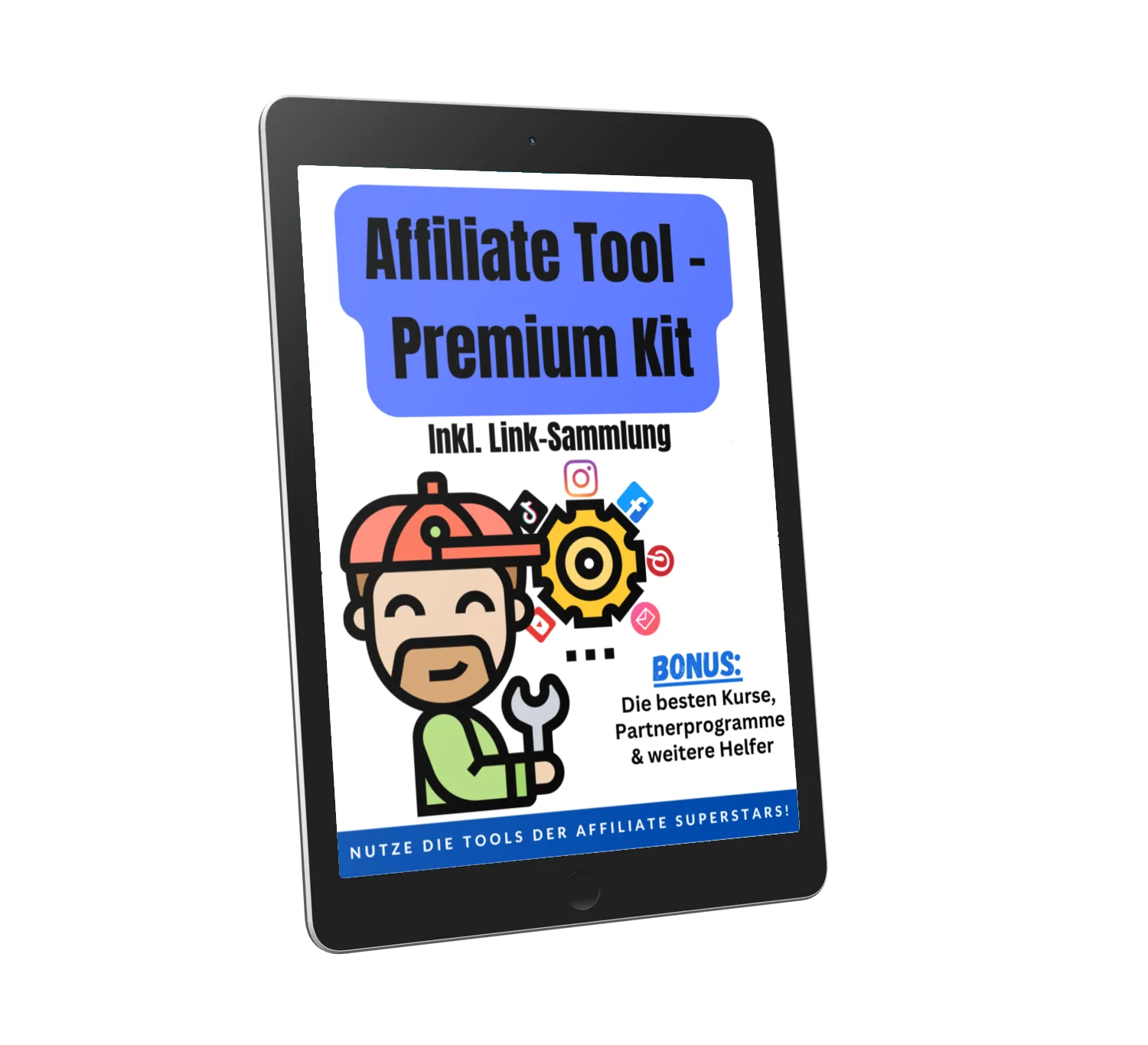 Tablet-Mockup des Affiliate Tool Premium Kit E-Books mit Illustration eines Mechanikers