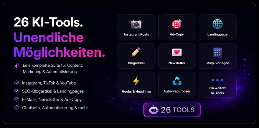 Übersicht 26 KI-Tools als Grid mit Icon-Details für Instagram Posts, Ad-Copy, Landingpage und mehr