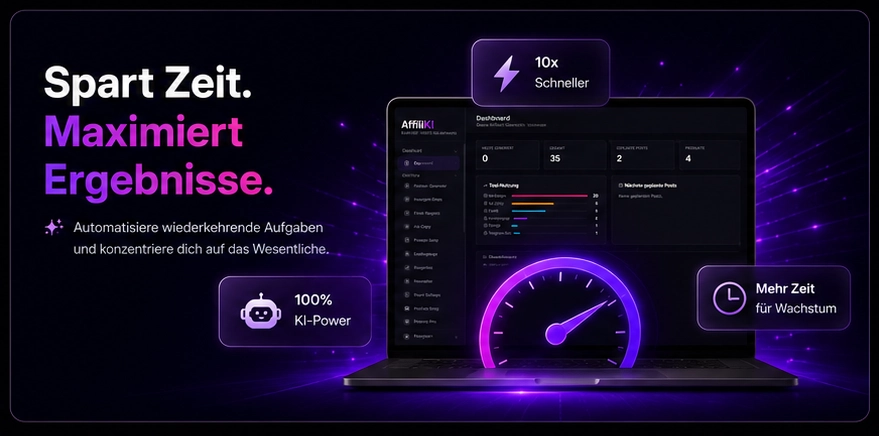 Grafik mit Heading "Spart Zeit. Maximiert Ergebnisse." mit 10x Schneller und 100% KI-Power Badges