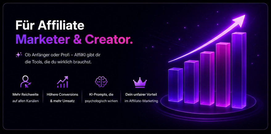 Grafik mit Heading "Für Affiliate Marketer & Creator" und Performance-Balkendiagramm mit Icons