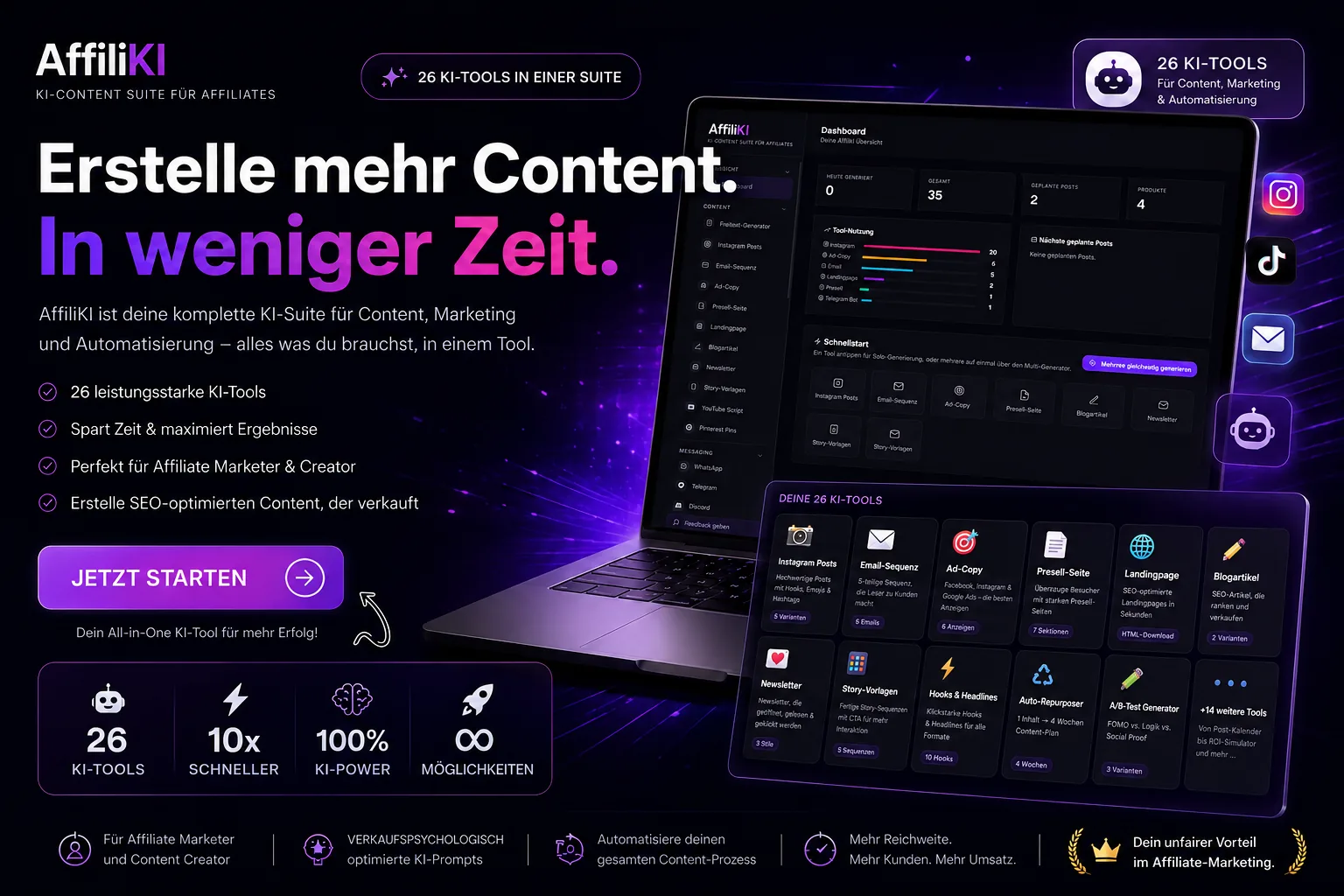 AffiliKI Suite mit Headings "Erstelle mehr Content. In weniger Zeit." und Angebots-Details auf Laptop und Tablet