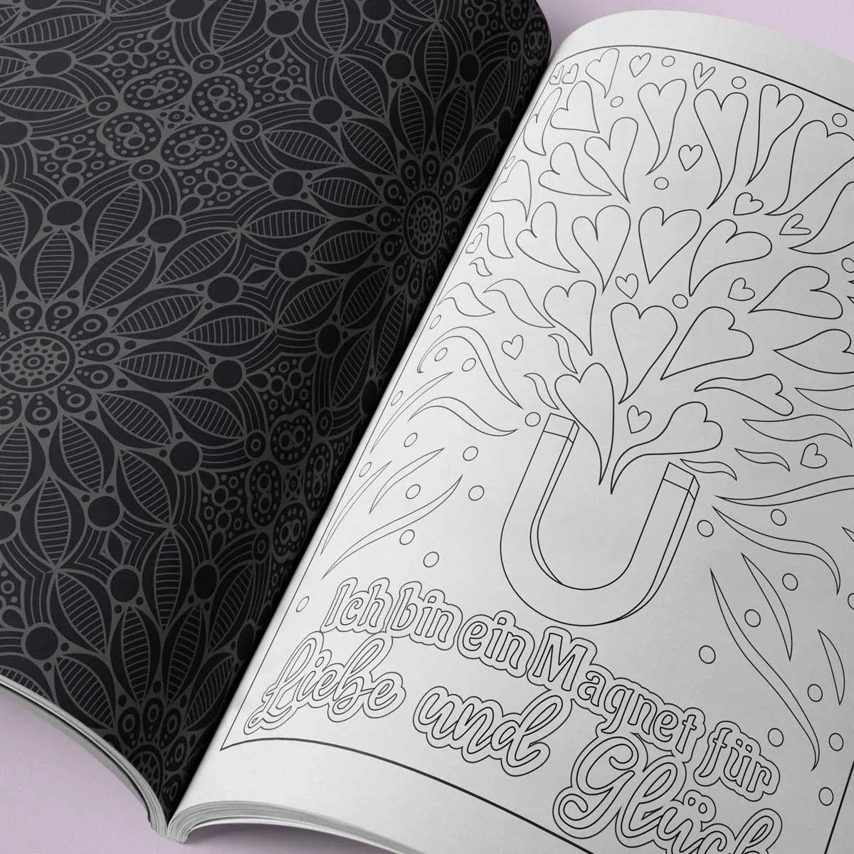 Malbuch-Doppelseite mit Affirmationstext und Mandala-Mustern