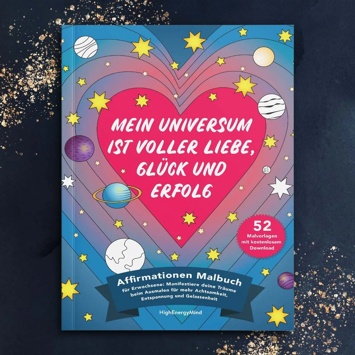 Affirmationen Malbuch Cover mit Glitter und kosmischem Herzdesign