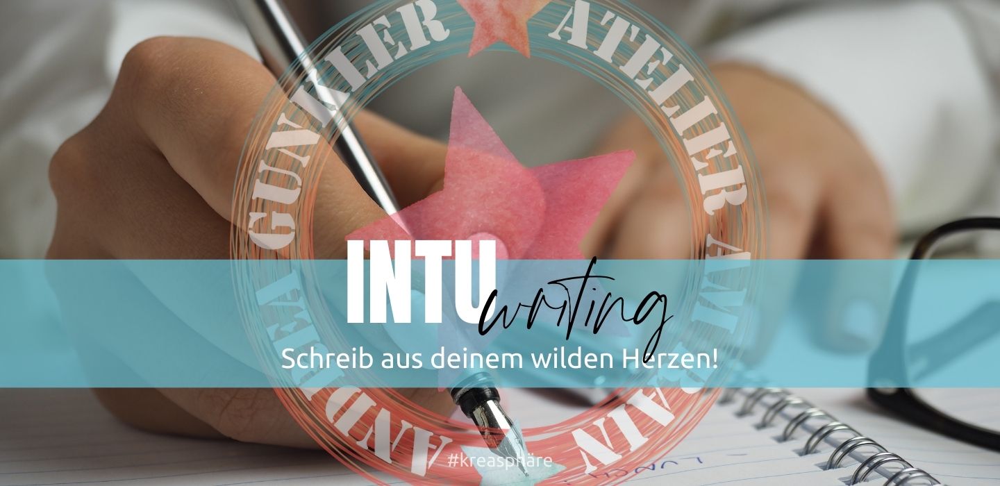 Hand mit Pinsel malt auf Affirmationskarte, Spiraltext mit Stern-Logo