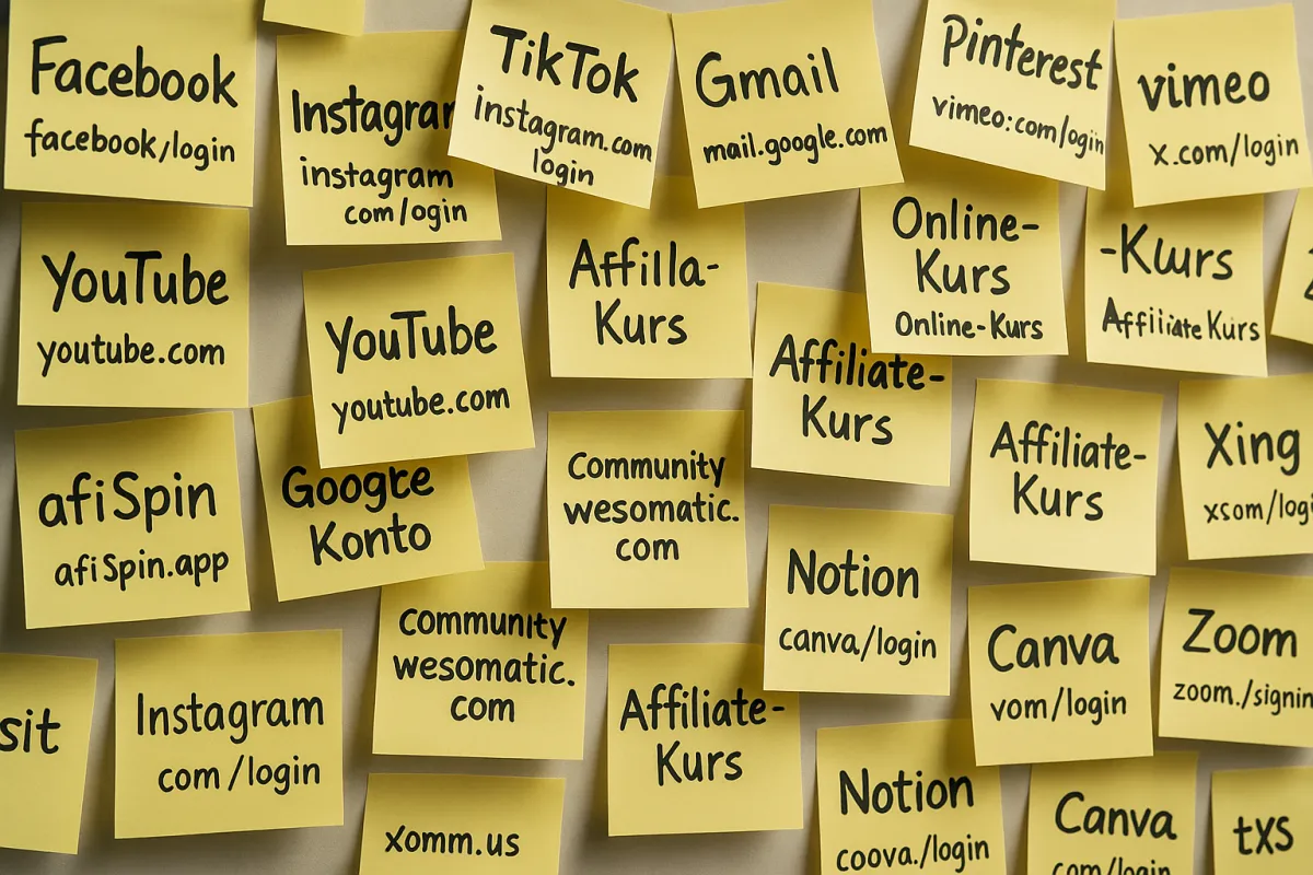 AffiSpin – Software für Affiliate-Links 1 Gelbe Haftnotizen mit Login-URLs und Kurstiteln wie Facebook, Instagram, TikTok, Gmail, Pinterest, YouTube, AffiSpin, Google