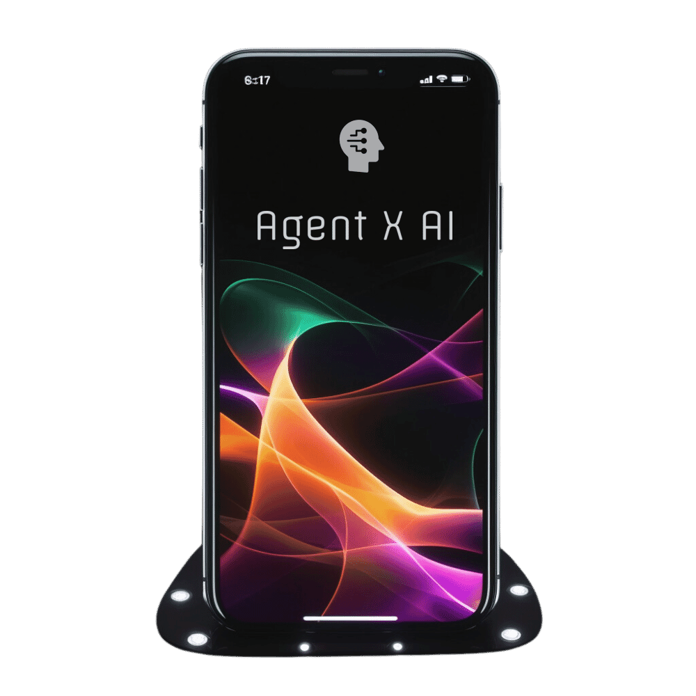 iPhone Mockup mit Agent X AI App-Screen, Kopf-Symbol und neonbuntem Hintergrund in Magenta, Orange und Grün