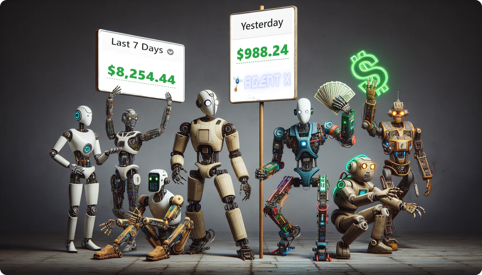 Verschiedenfarbige Roboter mit Geldscheinen und Neon-Dollarzeichen, halten Schilder mit Einnahmen: Last 7 Days $8.254,44 und