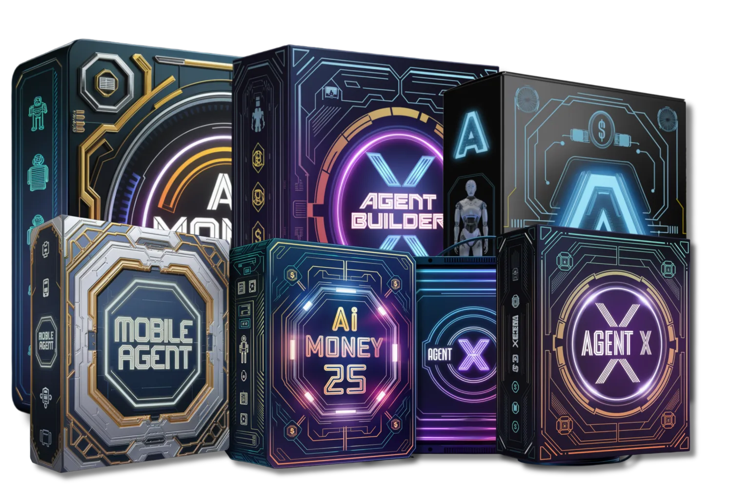 Agent X Bundle mit fünf Produktboxen: Mobile Agent, Agent Builder, AI Money 25, Agent X und weiteren Varianten mit neonbeleuc