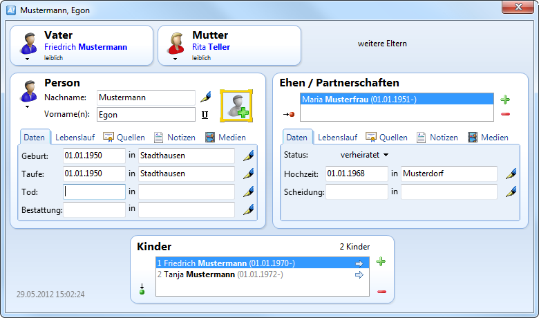 Personeneintrag in Ages! mit Feldern für Eltern, Lebensdaten, Ehepartner und Kinder