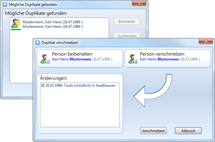 Ages! Screenshot: Duplikat-Verwaltung mit Zusammenführung von Personendatensätzen