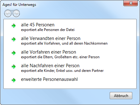 Ages! Screenshot: Export-Dialog mit Optionen zum Datenexport