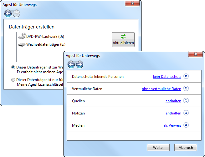 Ages! Screenshot: Datenträger-Verwaltung und Datenschutzoptionen für Export