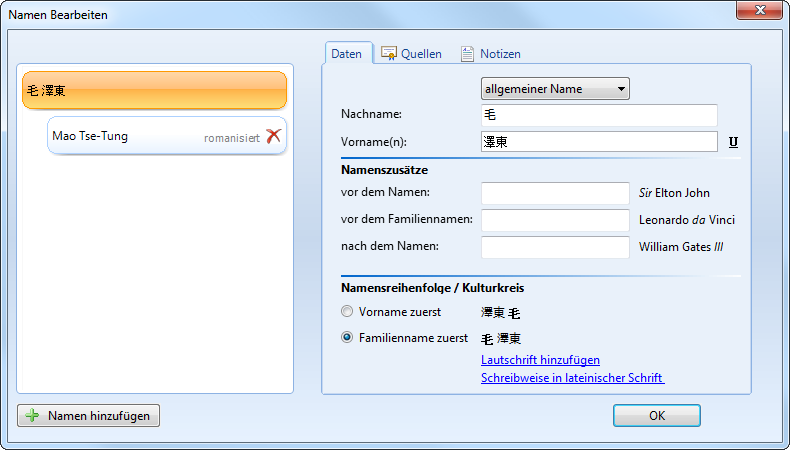 Namenbearbeitungsdialog in Ages! mit chinesischen Schriftzeichen und Romanisierungsoptionen