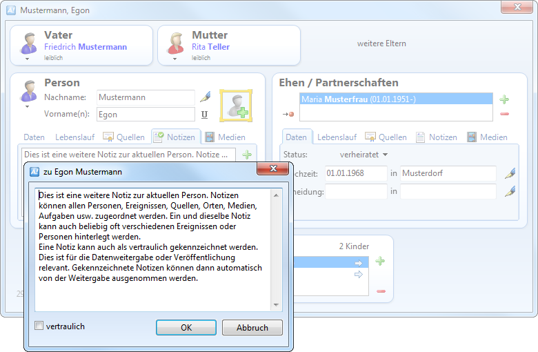 Notizenfenster in Ages! mit Textbearbeitungsfeld für Notizen zur Person
