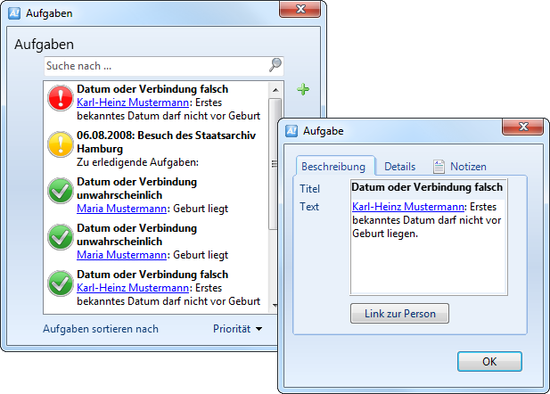 Ages! Screenshot: Aufgaben-Verwaltung mit Fehlermeldungen und Validierungshinweisen