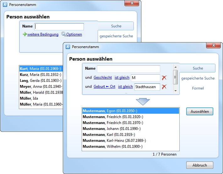 Ages! Screenshot: Personenstamm-Dialog mit erweiterten Suchoptionen und Ergebnisliste