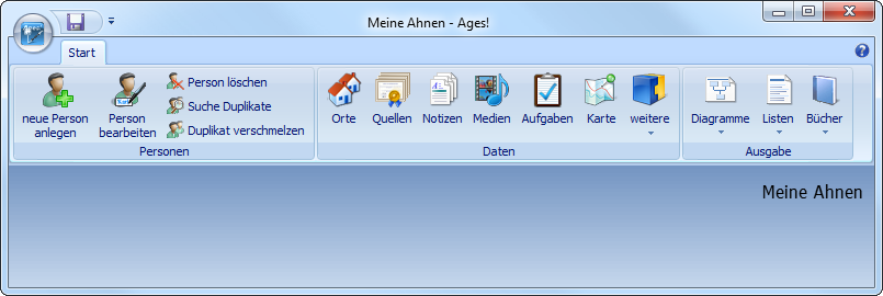 Ages! Hauptfenster mit Menüleiste und Funktionsschaltflächen wie Neue Person, Person bearbeiten, Person löschen