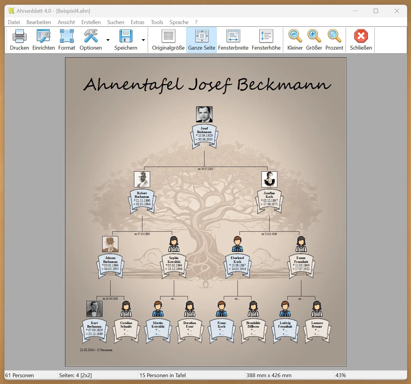 Ahnenblatt 4.0 Tafelansicht mit Ahnentafel des Josef Beckmann und vier Generationen mit Fotos und Daten