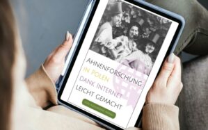 E-Book-Cover auf Tablet-Screen: Ahnenforschung in Polen dank Internet leicht gemacht von Aleksandra Manka