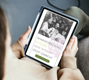 E-Book-Cover auf Tablet-Screen: Ahnenforschung in Polen dank Internet leicht gemacht von Aleksandra Manka