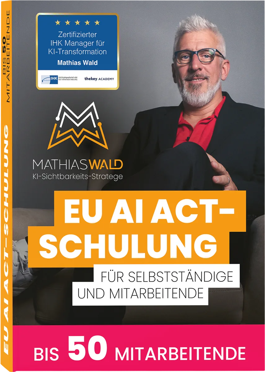 EU AI Act Schulung Buch-Cover für bis zu 50 Mitarbeiter mit Mathias Wald und Zertifizierungs-Badge