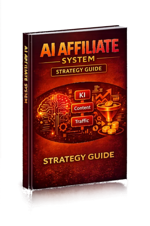 E-Book Cover AI Affiliate System Strategy Guide mit KI-Gehirn, Content- und Traffic-Symbolen auf rotem Hintergrund