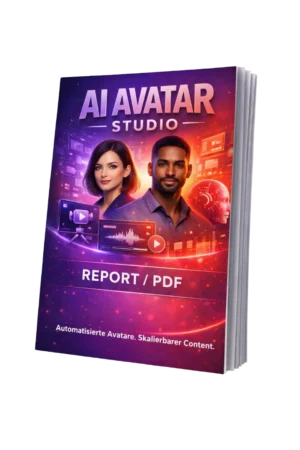 E-Book-Cover AI Avatar Studio Report/PDF mit zwei Avataren und technologischem Design in Lila-Rot-Farbverlauf