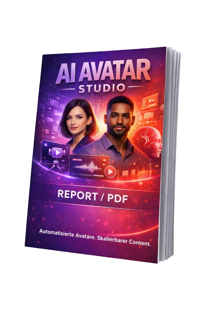 E-Book-Cover AI Avatar Studio Report/PDF mit zwei Avataren und technologischem Design in Lila-Rot-Farbverlauf