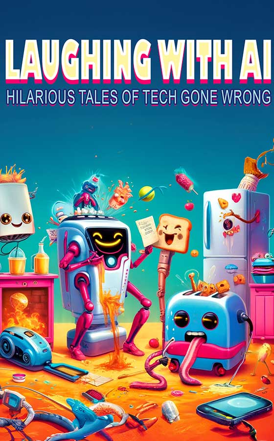 AI Book Writer – Software für KI-Buchschreibung 13 Laughing with AI Buch-Cover mit bunten KI-Robotern und Tech-Chaos