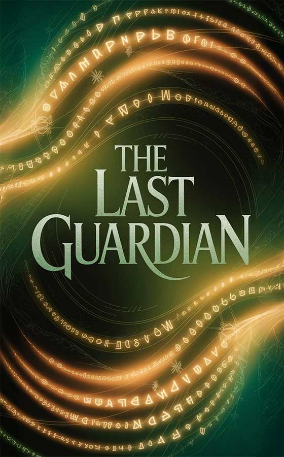 AI Book Writer – Software für KI-Buchschreibung 5 The Last Guardian Buch-Cover mit grünem Hintergrund und leuchtenden Symbolen