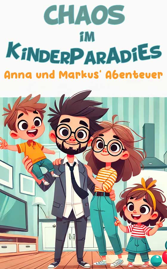 AI Book Writer – Software für KI-Buchschreibung 9 Chaos im Kinderparadies Buch-Cover mit Familie und bunter Illustration