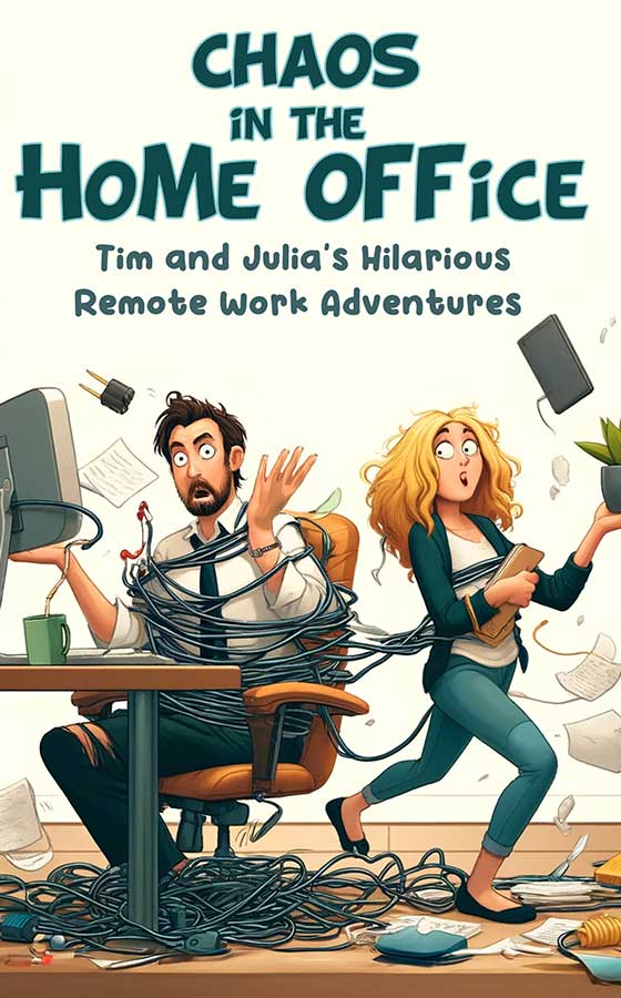 AI Book Writer – Software für KI-Buchschreibung 10 Chaos in the Home Office Buch-Cover mit zwei Personen und Chaos-Illustration