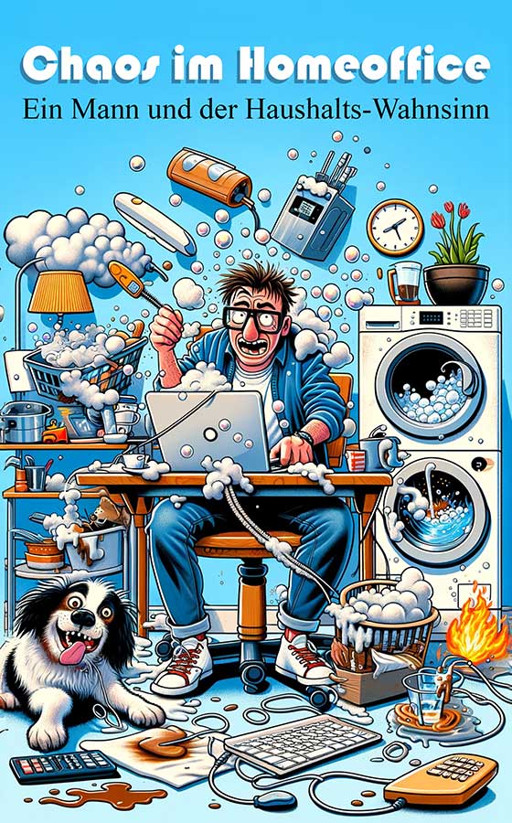 AI Book Writer – Software für KI-Buchschreibung 11 Chaos im Homeoffice Buch-Cover mit Mann, Hund und Haushaltschaos