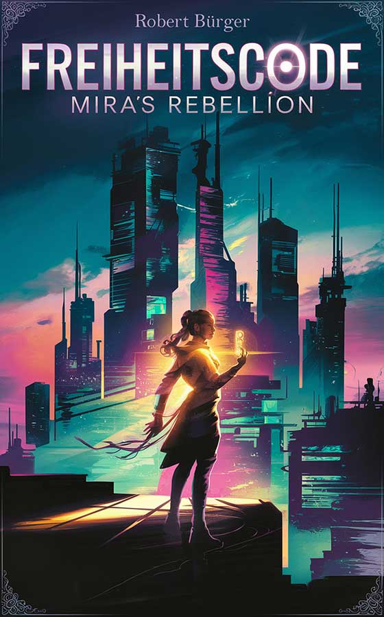 AI Book Writer – Software für KI-Buchschreibung 12 Freiheitscode Buch-Cover mit weiblicher Figur und Cyberpunk-Stadt
