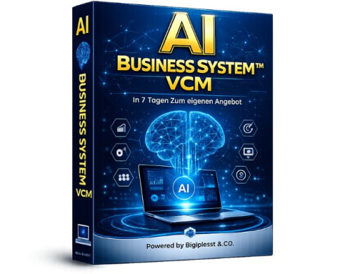 Produktbox AI Business System VCM mit futuristischem Design, Laptop und KI-Brain-Grafik