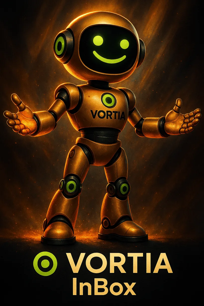 VORTIA Inbox AI Chatbot Virtual Agent – goldener humanoid-roboter mit leuchtendem grünem Smiley-Gesicht vor flammendem Hinter