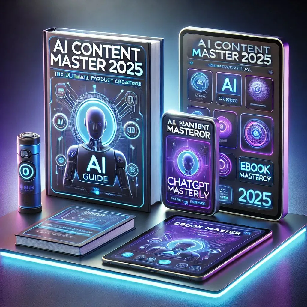 AI Content Master 2025 – KI-Guides mit Prompt-Toolbox 3 Neon-Mockup mit AI Content Master 2025 Buch, Smartphone und Tablet auf dunklem Hintergrund, futuristisches Design